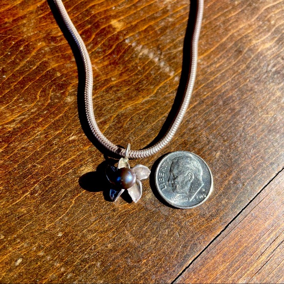 Tahitian Black Pearl and 925  Plumeria Pendant on a .925 Snake chain - Picture 9 of 10